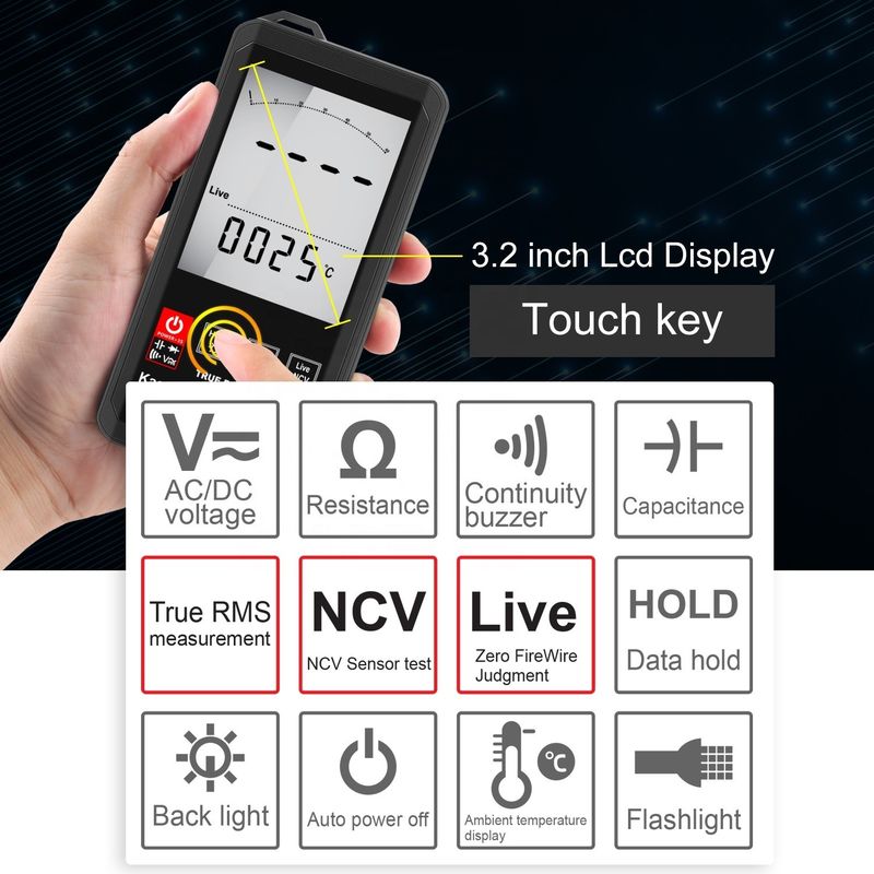 Grande schermo Auto Range Touch Digital Multimeter True RMS Digital Multimeter AC DC Voltage Mini Pocket Multimeter