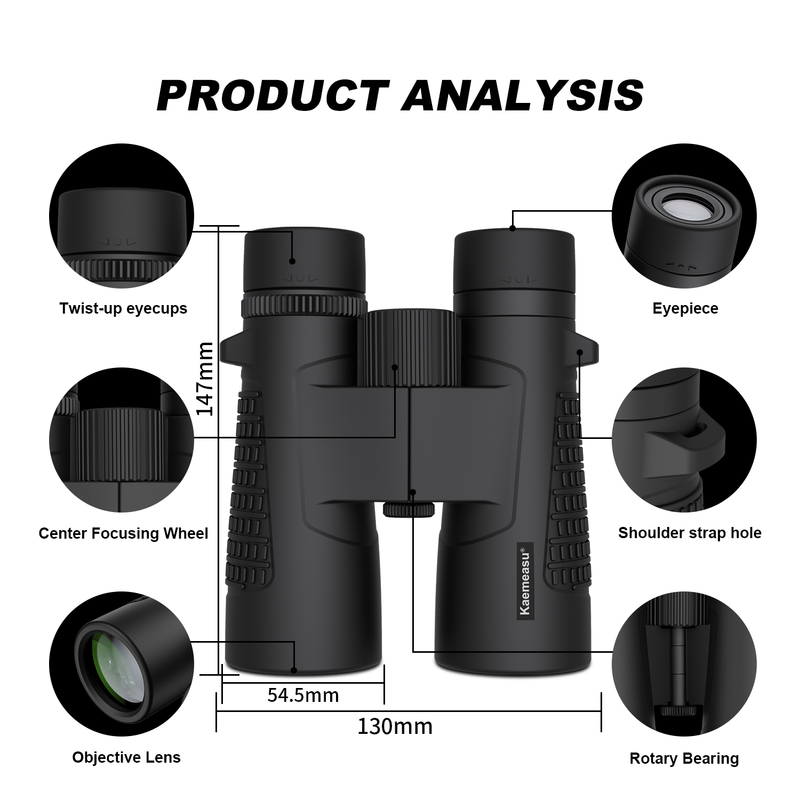 Kaemeasu C Modello nero 10x42 HD binocoli impermeabili per adulti, binocoli per birdwatching e escursioni, ottiche con prisma BAK4, corpo in lega di magnesio a prova di urti, visione chiara e luminosa